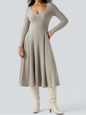 HALARA Ribbed Knit A-Line Midi Dress in Light Gray
